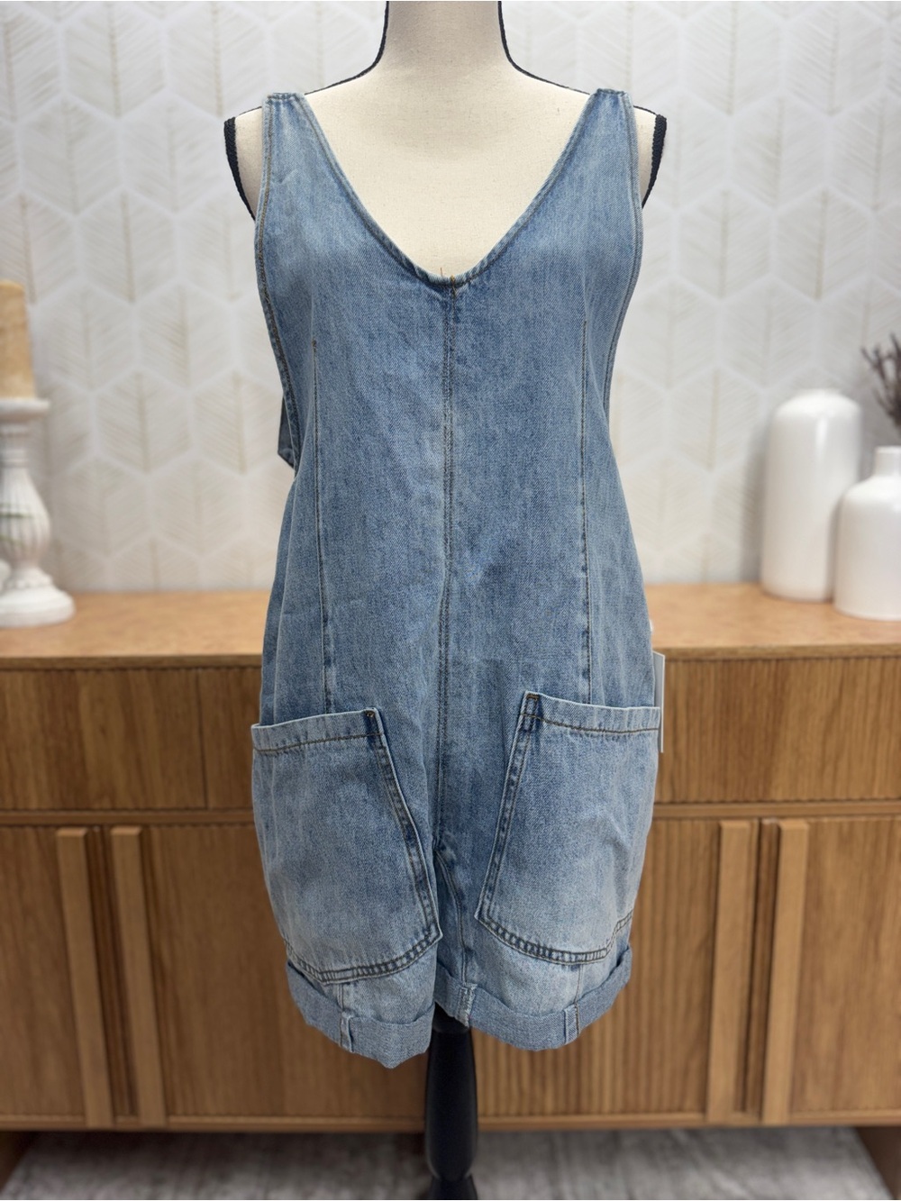 Zenana Outfitters Light Blue Denim Overalls Romper